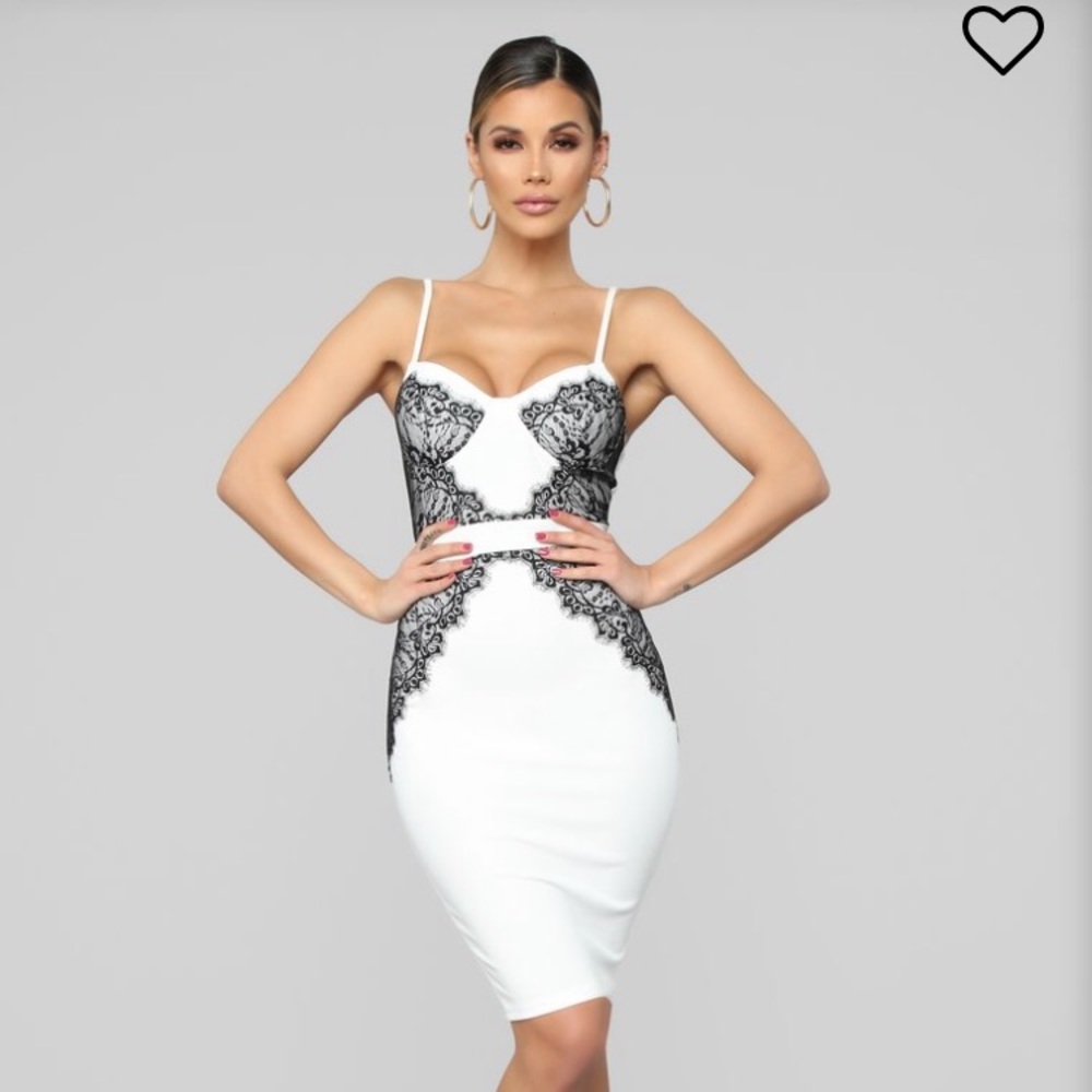 White Midi Dress, Black Lace L